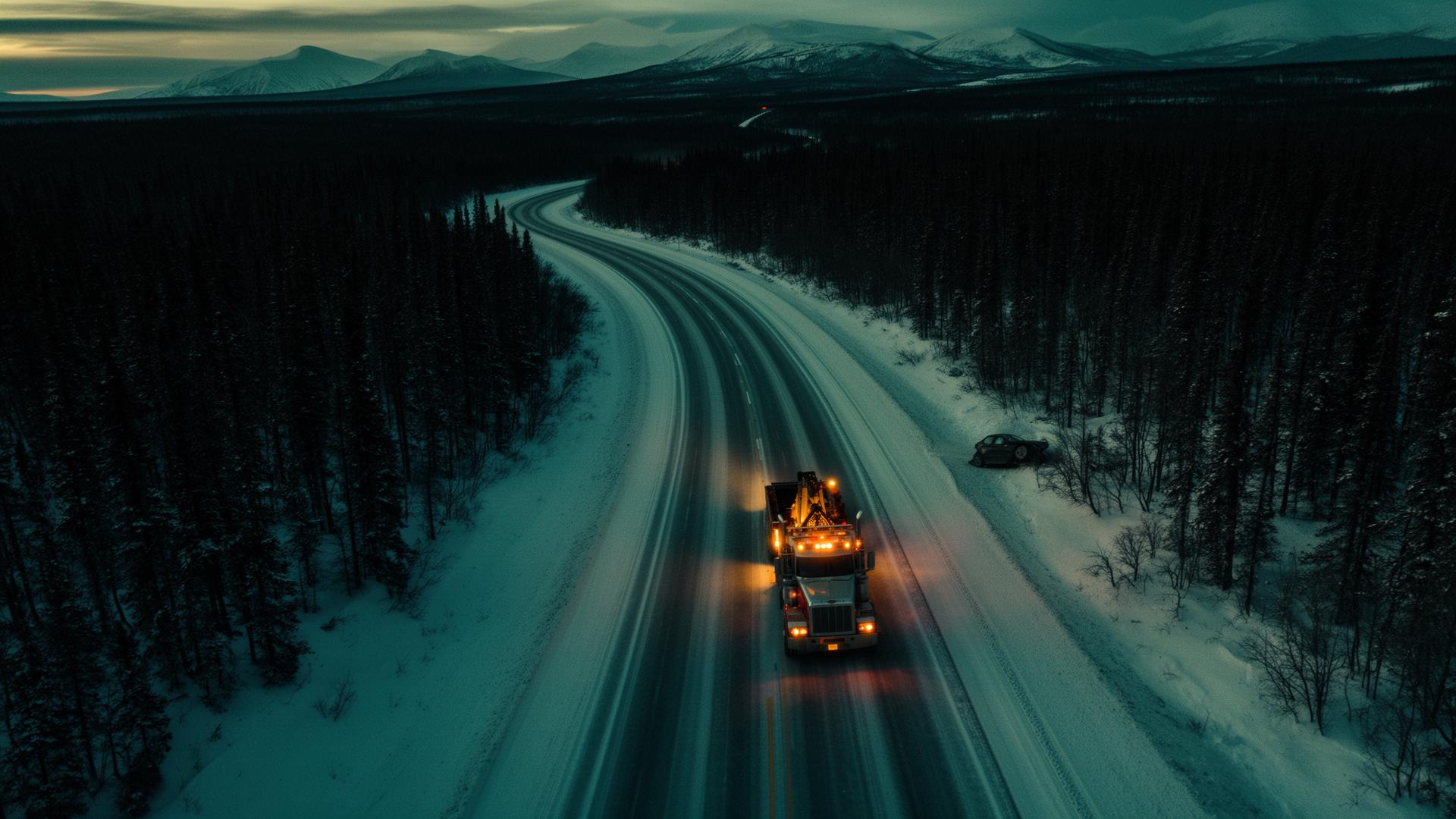 Aerial view of a tow truck on a snowy Alaskan highway